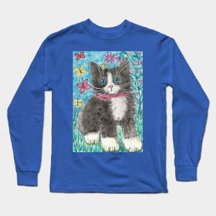 Tuxedo kitten cat  flowers Long Sleeve T-Shirt